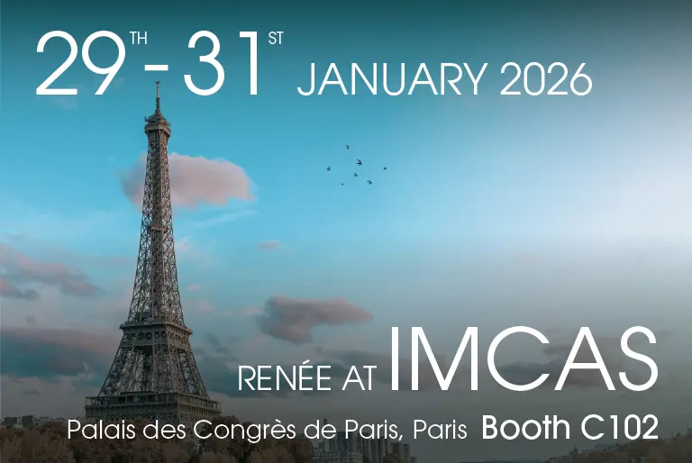 An image of the Eiffel Tower under a blue sky with clouds and birds, promoting IMCAS 2026 in Paris from January 29th to 31st. Text mentions Renée at booth C102, Palais des Congrès de Paris.