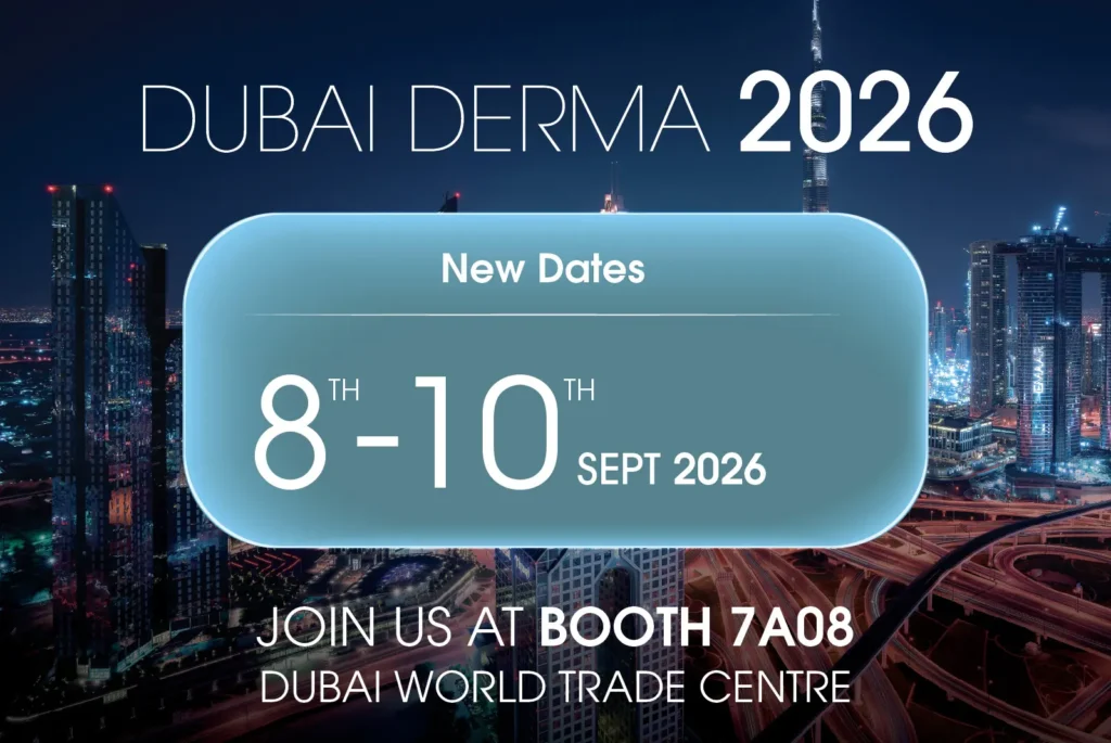 Promotional graphic for Dubai Derma 2026, announcing new dates: September 8th–10th, 2026, at the Dubai World Trade Centre. The text invites visitors to booth 7A08, with a night cityscape in the background.
