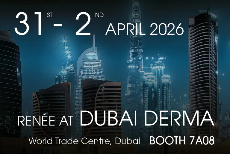 Event advertisement for Dubai Derma at World Trade Centre, Dubai, from 31st March to 2nd April 2026, featuring city skyscrapers and booth number 7A08 highlighted.