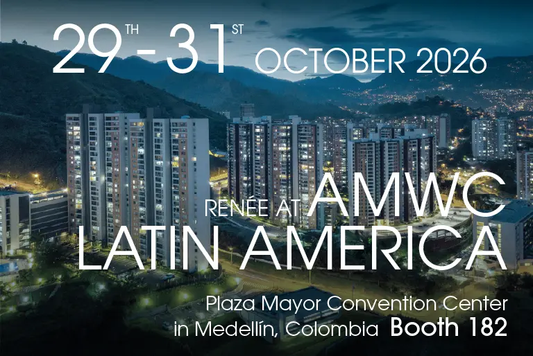Night view of Medellin’s skyline with text: “29th-31st October 2026. AMWC Latin America, Plaza Mayor Convention Center in Medellin, Colombia, Booth 182.”.
