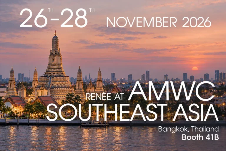 Announcement for Renée at AMWC Southeast Asia, November 26-28, 2026, in Bangkok, Thailand, featuring a view of Wat Arun at sunset and booth location 41B.
